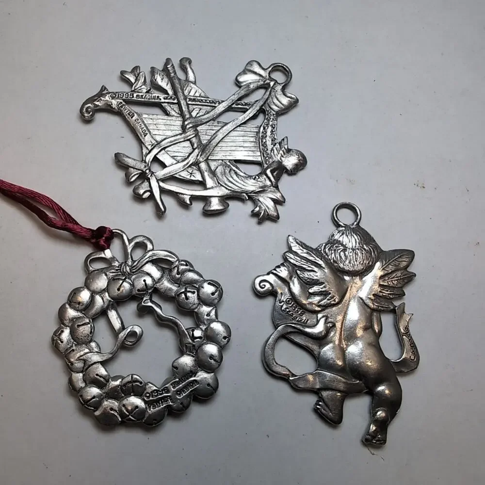 Lot‎ of 3 Seagull Pewter Ornament Canada 1988 1995 1996 Wreath Cherub Music